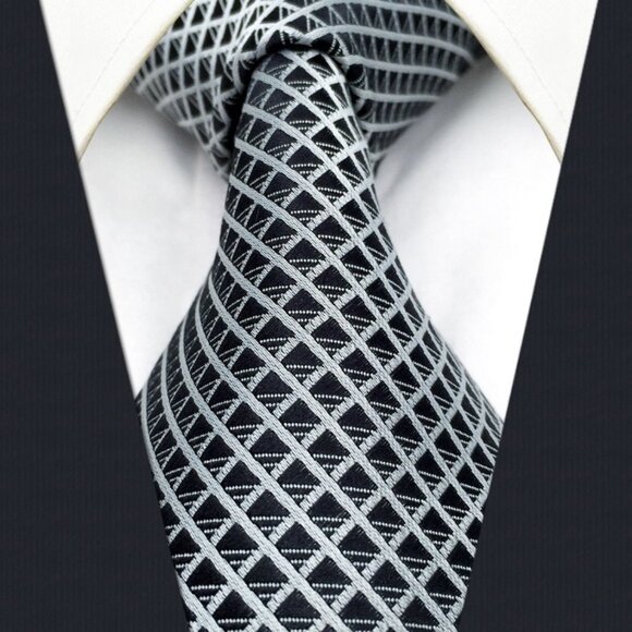 New Black Silver Grey Gray Diamonds Stripe Check Plaid Design 100% SILK TIE - Picture 1 of 4